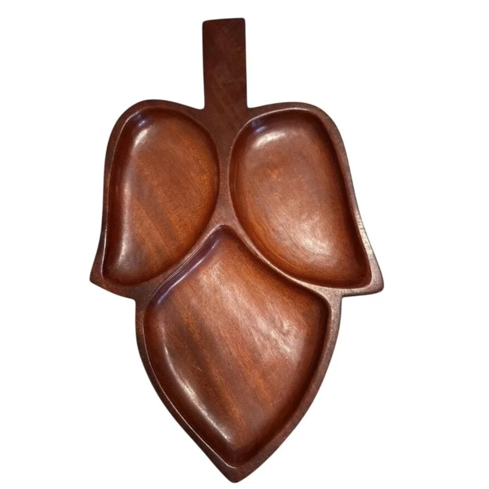 Tropical Brand‎ Leaf Serving Tray Brown Wood Divided 3 Section Vintage